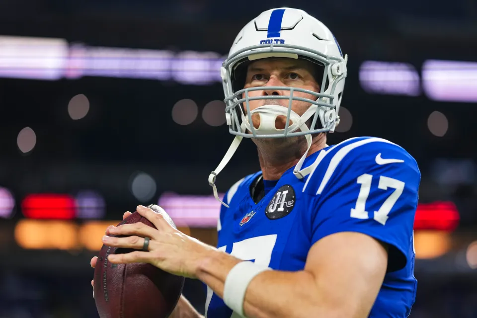 INDIANAPOLIS, IN - DECEMBER 28: Philip Rivers #17 of the Indianapolis Colts warms up prior to an NFL football game against the Jacksonville Jaguars at Lucas Oil Stadium on December 28, 2025 in Indianapolis, Indiana. (Photo by Cooper Neill/Getty Images)