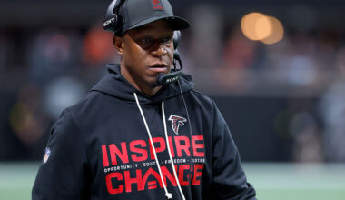 ATLANTA, GEORGIA - JANUARY 04: Head coach Raheem Morris of the Atlanta Falcons looks on during the third quarter against the New Orleans Saints at Mercedes-Benz Stadium on January 04, 2026 in Atlanta, Georgia. (Photo by Todd Kirkland/Getty Images)