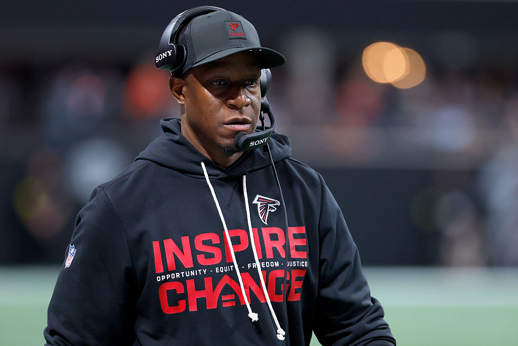 ATLANTA, GEORGIA - JANUARY 04: Head coach Raheem Morris of the Atlanta Falcons looks on during the third quarter against the New Orleans Saints at Mercedes-Benz Stadium on January 04, 2026 in Atlanta, Georgia. (Photo by Todd Kirkland/Getty Images)