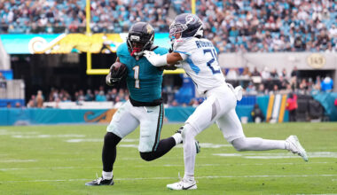 JACKSONVILLE, FLORIDA - JANUARY 04: Travis Etienne Jr. #1 of the Jacksonville Jaguars runs the ball against Micah Robinson #21 of the Tennessee Titans during the second half at EverBank Stadium on January 04, 2026 in Jacksonville, Florida. (Photo by Rich Storry/Getty Images)