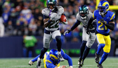 SEATTLE, WASHINGTON - DECEMBER 18: Rashid Shaheed #22 of the Seattle Seahawks carries the ball during the second half of the NFL football game against the Los Angeles Rams at Lumen Field on December 18, 2025 in Seattle, Washington. (Photo by Brooke Sutton/Getty Images)