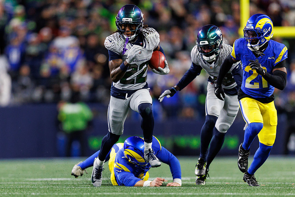 SEATTLE, WASHINGTON - DECEMBER 18: Rashid Shaheed #22 of the Seattle Seahawks carries the ball during the second half of the NFL football game against the Los Angeles Rams at Lumen Field on December 18, 2025 in Seattle, Washington. (Photo by Brooke Sutton/Getty Images)