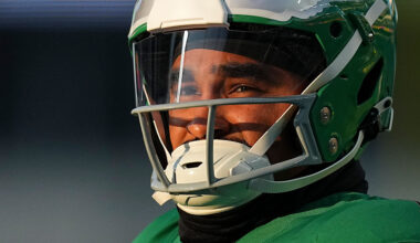 PHILADELPHIA, PENNSYLVANIA - JANUARY 4: Jalen Hurts #1 of the Philadelphia Eagles looks on prior to the game against the Washington Commanders at Lincoln Financial Field on January 4, 2026 in Philadelphia, United States. (Photo by Mitchell Leff/Getty Images)