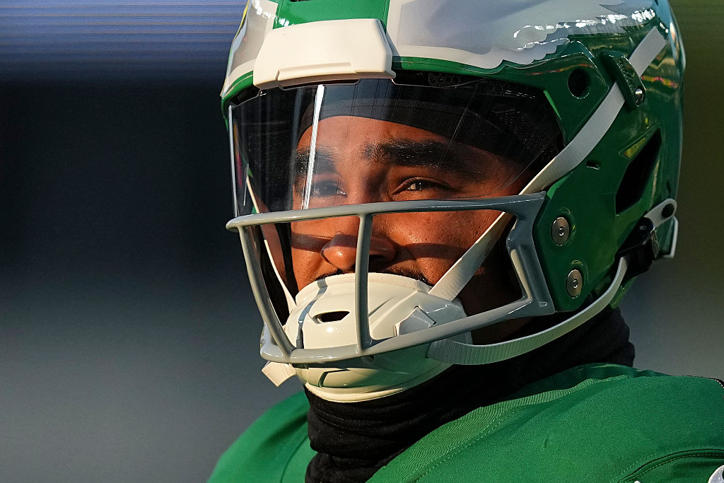 PHILADELPHIA, PENNSYLVANIA - JANUARY 4: Jalen Hurts #1 of the Philadelphia Eagles looks on prior to the game against the Washington Commanders at Lincoln Financial Field on January 4, 2026 in Philadelphia, United States. (Photo by Mitchell Leff/Getty Images)