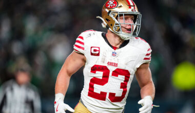 PHILADELPHIA, PA - JANUARY 11: Christian McCaffrey #23 of the San Francisco 49ers celebrates during an NFL wild card playoff football game against the Philadelphia Eagles at Lincoln Financial Field on January 11, 2026 in Philadelphia, Pennsylvania. (Photo by Cooper Neill/Getty Images)