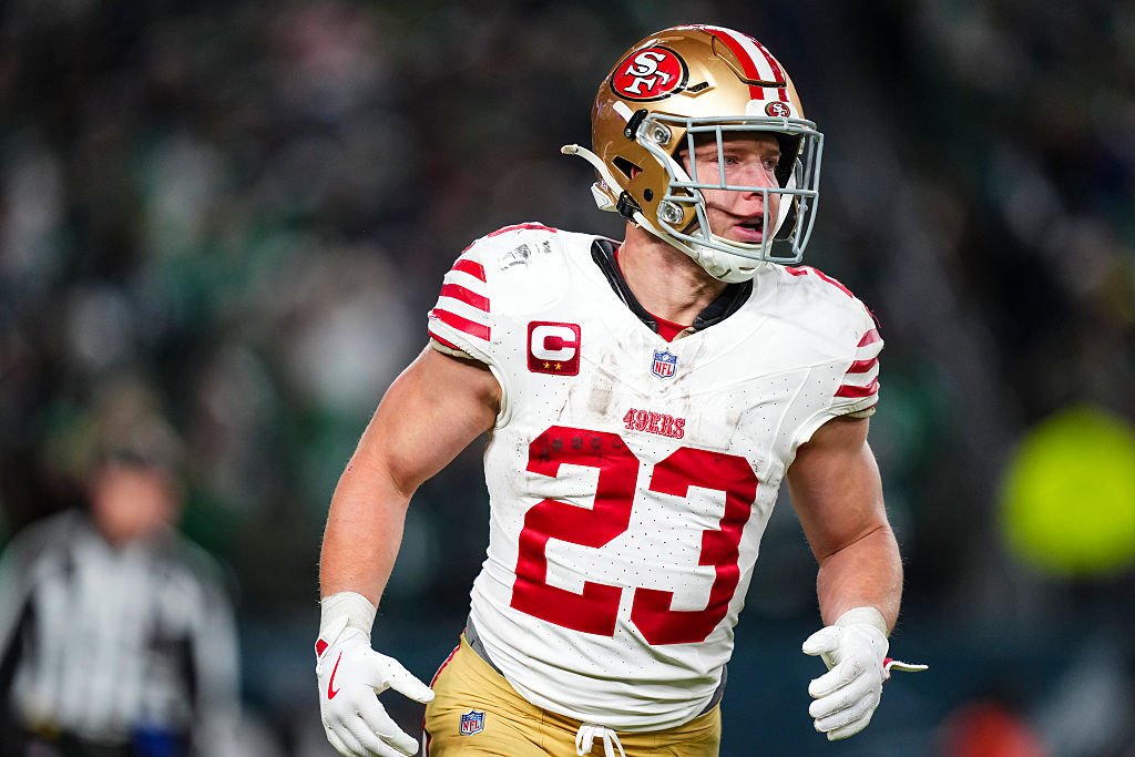 PHILADELPHIA, PA - JANUARY 11: Christian McCaffrey #23 of the San Francisco 49ers celebrates during an NFL wild card playoff football game against the Philadelphia Eagles at Lincoln Financial Field on January 11, 2026 in Philadelphia, Pennsylvania. (Photo by Cooper Neill/Getty Images)