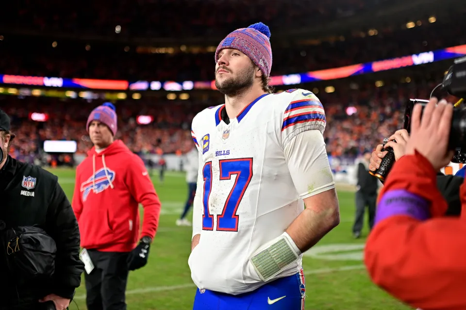 DENVER, CO - JANUARY 17: Buffalo Bills quarterback Josh Allen (17) hangs his head as he walks off the field after an overtime loss to the Denver Broncos in the AFC Divisional Round game at Empower Field at Mile High on January 17, 2026 in Denver, Colorado. (Photo by Dustin Bradford/Icon Sportswire via Getty Images)