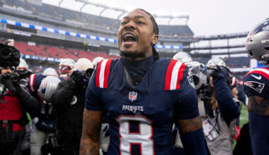 FOXBOROUGH, MASSACHUSETTS - JANUARY 18: Stefon Diggs #8 of the New England Patriots reacts as he leads a huddle prior to an NFC Divisional Playoff game against the Houston Texans at Gillette Stadium on January 18, 2026 in Foxborough, Massachusetts. (Photo by Michael Owens/Getty Images)