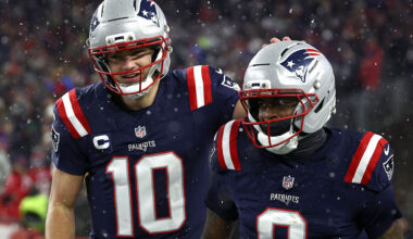 FOXBOROUGH, MASSACHUSETTS - JANUARY 18: Drake Maye #10 of the New England Patriots celebrates with Kayshon Boutte #9 after a touchdown pass against the Houston Texans during the fourth quarter in the AFC Divisional Playoff game at Gillette Stadium on January 18, 2026 in Foxborough, Massachusetts. (Photo by Winslow Townson/Getty Images)