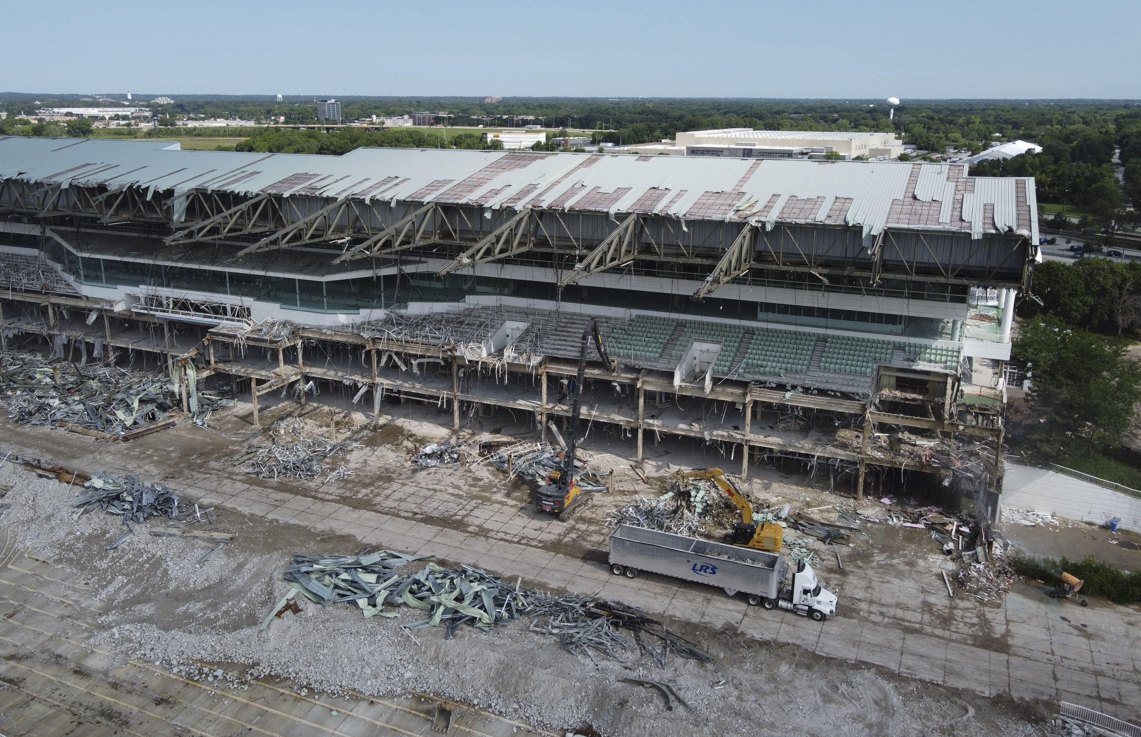Crews demolish the main grandstand of the former Arlington International...