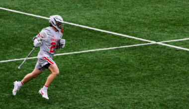 Then fourth-year Gannon Matthews (24) runs the ball in a 2025 Ohio State Men