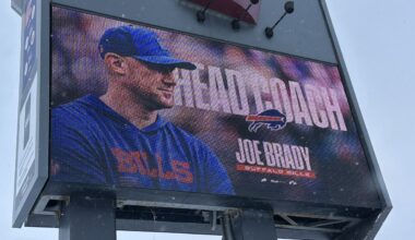joe brady on the big screen at highmark stadium