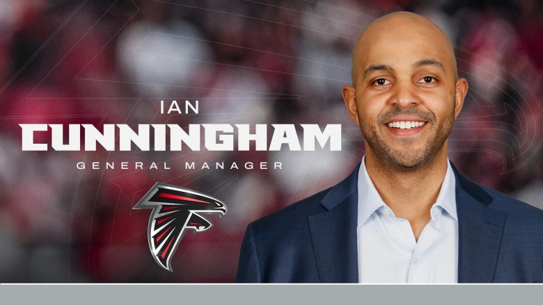 Ian Cunningham named Atlanta Falcons general manager in official team graphic with headshot and Falcons logo