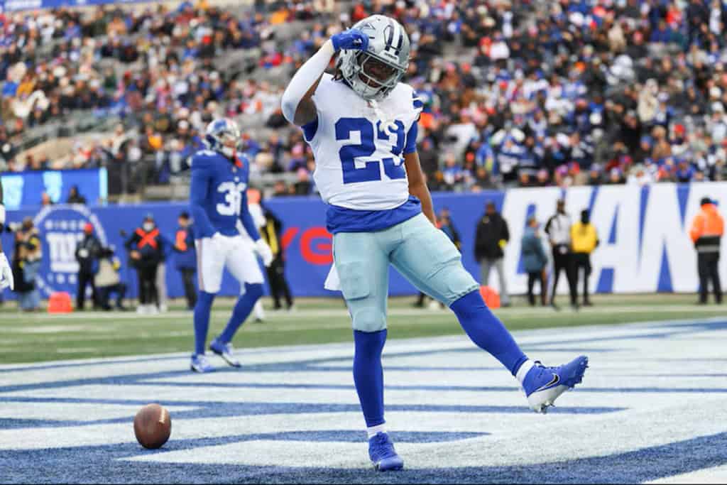 Rookie running back Jaydon Blue scores his first NFL touchdown.