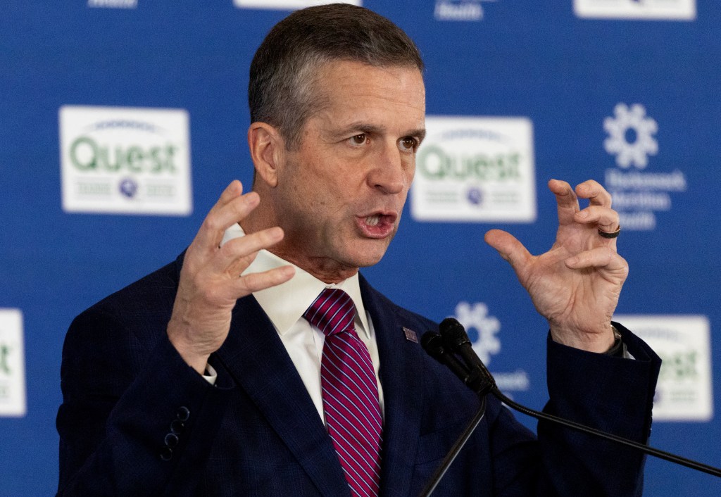 New Giants head coach John Harbaugh gestures during his introductory press conference on Jan. 20, 2026.