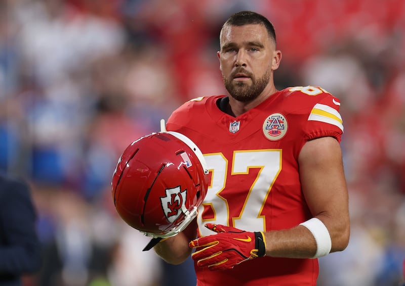KANSAS CITY, MISSOURI - OCTOBER 12: Travis Kelce #87 of the Kansas City Chiefs looks on during warmups before the game against the Detroit Lions at Arrowhead Stadium on October 12, 2025 in Kansas City, Missouri. (Photo by Jamie Squire/Getty Images)