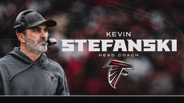 Graphic announcing Kevin Stefanski as head coach, featuring sideline portrait and Atlanta Falcons logo.