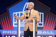 Pro Football Hall of Fame inductee Jimmy Johnson of the Dallas Cowboys delivers his speech...