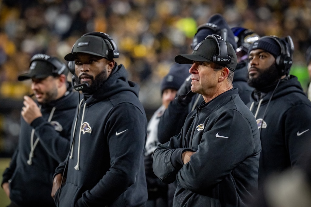 Baltimore Ravens defensive coordinator Zach Orr and head coach John Harbaugh watch as the Ravens defense struggles to stop the Pittsburgh Steelers in the fourth quarter. The Steelers defeated the Ravens 26-24 at Acrisure Stadium in Pittsburgh.