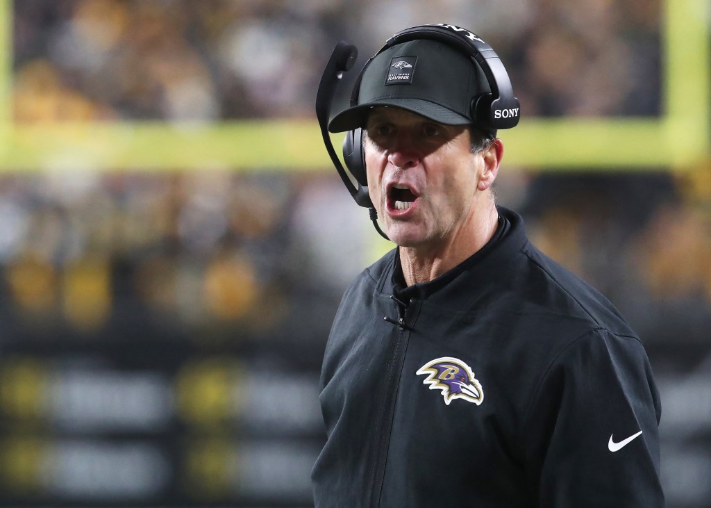 Baltimore Ravens head coach John Harbaugh reacts during the second half at Acrisure Stadium. 