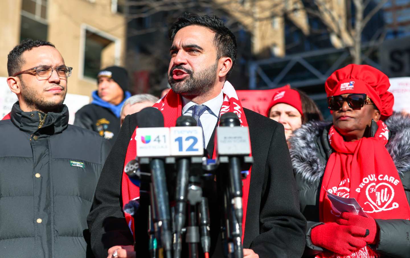 New York Mayor Zohran Mamdani speaks before striking nurses at New York-Presbyterian/Columbia University Irving Medical Center.