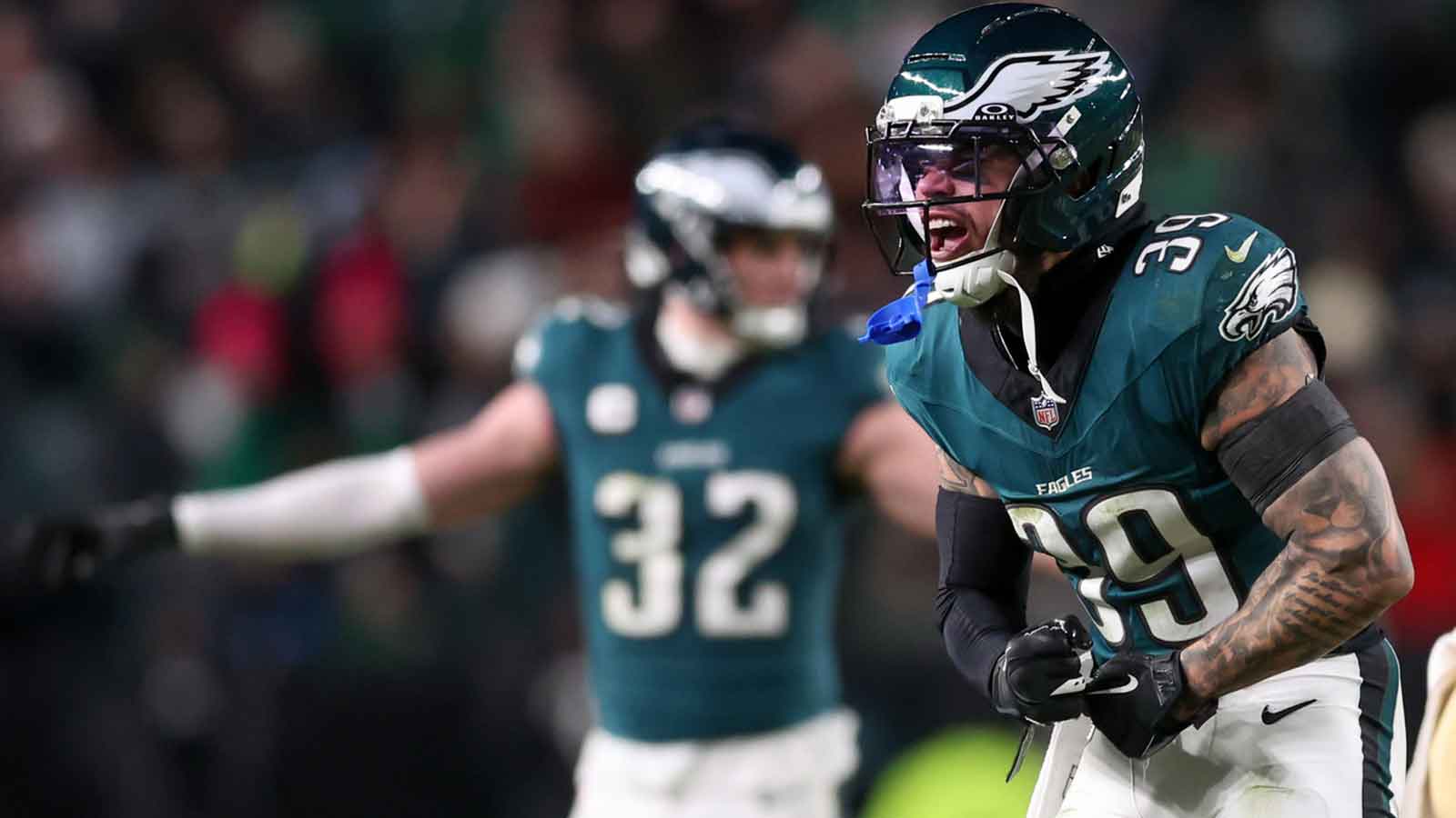 Philadelphia Eagles safety Marcus Epps (39) reacts after a play against the San Francisco 49ers during the third quarter in an NFC Wild Card Round game at Lincoln Financial Field. 