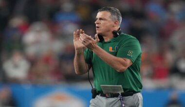 Miami head coach Mario Cristobal reacts after a touchdown during the first half of the Fiesta Bowl NCAA college football playoff semifinal game against Mississippi, Thursday, Jan. 8, 2026, in Glendale, Ariz. (AP Photo/Rick Scuteri)