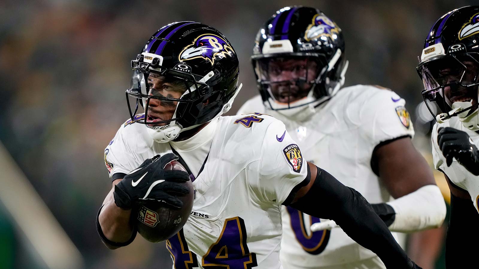Baltimore Ravens cornerback Marlon Humphrey (44) reacts after intercepting a pass during the fourth quarter against the Green Bay Packers at Lambeau Field.