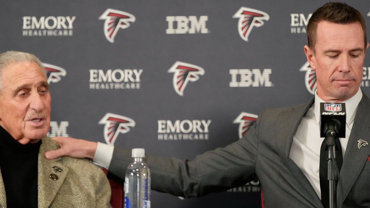 Former Falcons quarterback Matt Ryan speaks during a news conference as the new Atlanta Falcons president of football, along with Atlanta Falcons owner Arthur Blank, Tuesday, Jan. 13, 2026, in Flowery Branch, Ga. (AP Photo/Brynn Anderson)