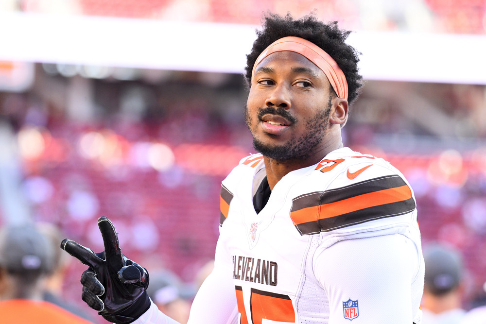 SANTA CLARA, CA - OCTOBER 07: Cleveland Browns Defensive End Myles Garrett (95) looks on during the National Football League game between the Cleveland Browns and the San Francisco 49ers on October 7, 2019, at Levi's Stadium in Santa Clara, CA. (Photo by Brian Rothmuller/Icon Sportswire)