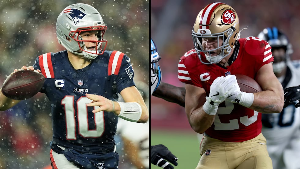 Charlotte native Drake Maye (left) and former Panthers star Christian McCaffrey (right) are...