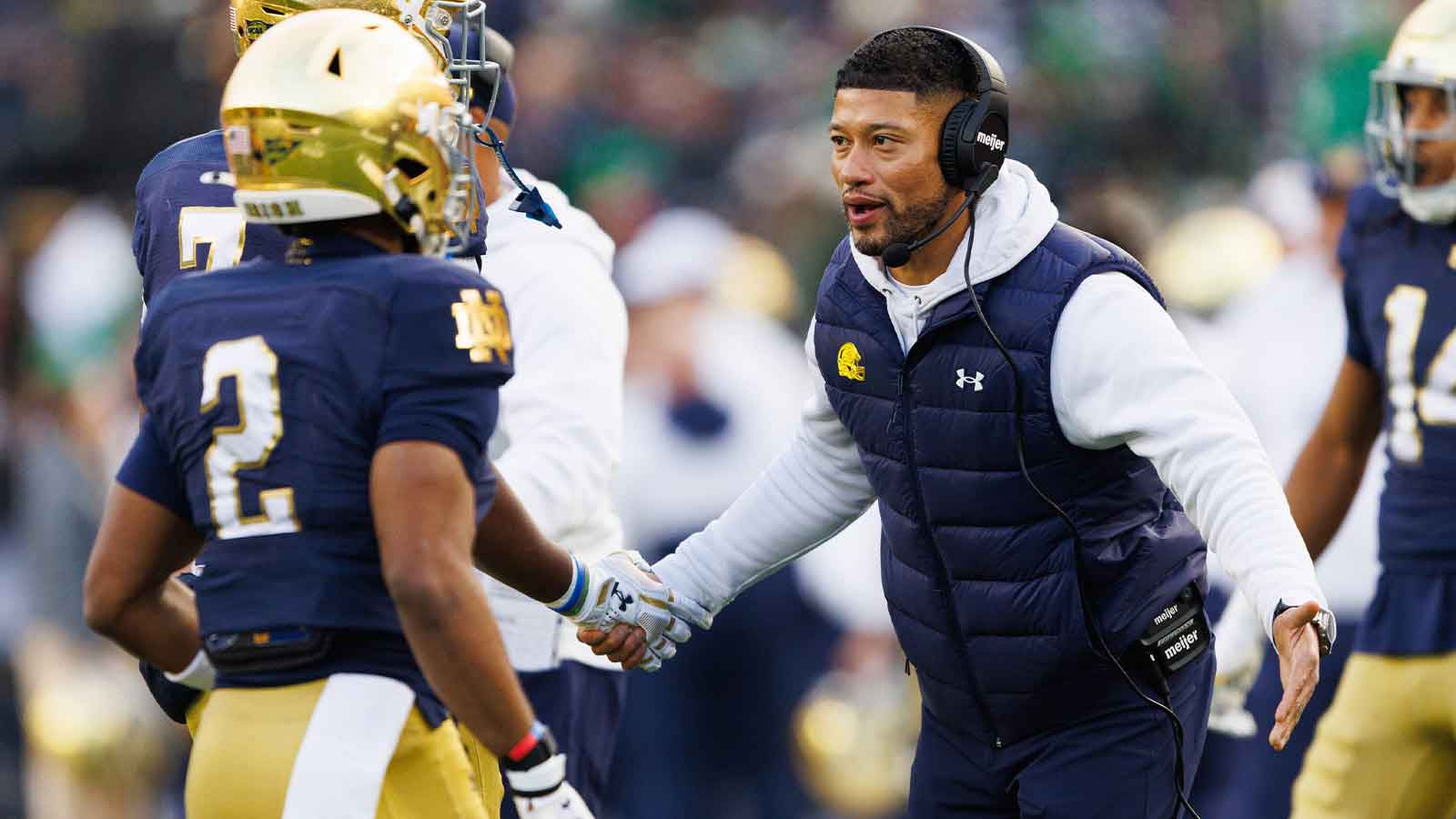 Notre Dame head coach Marcus Freeman celebrates after a touchdown in the first half of a NCAA football game against Syracuse at Notre Dame Stadium on Saturday, Nov. 22, 2025, in South Bend.