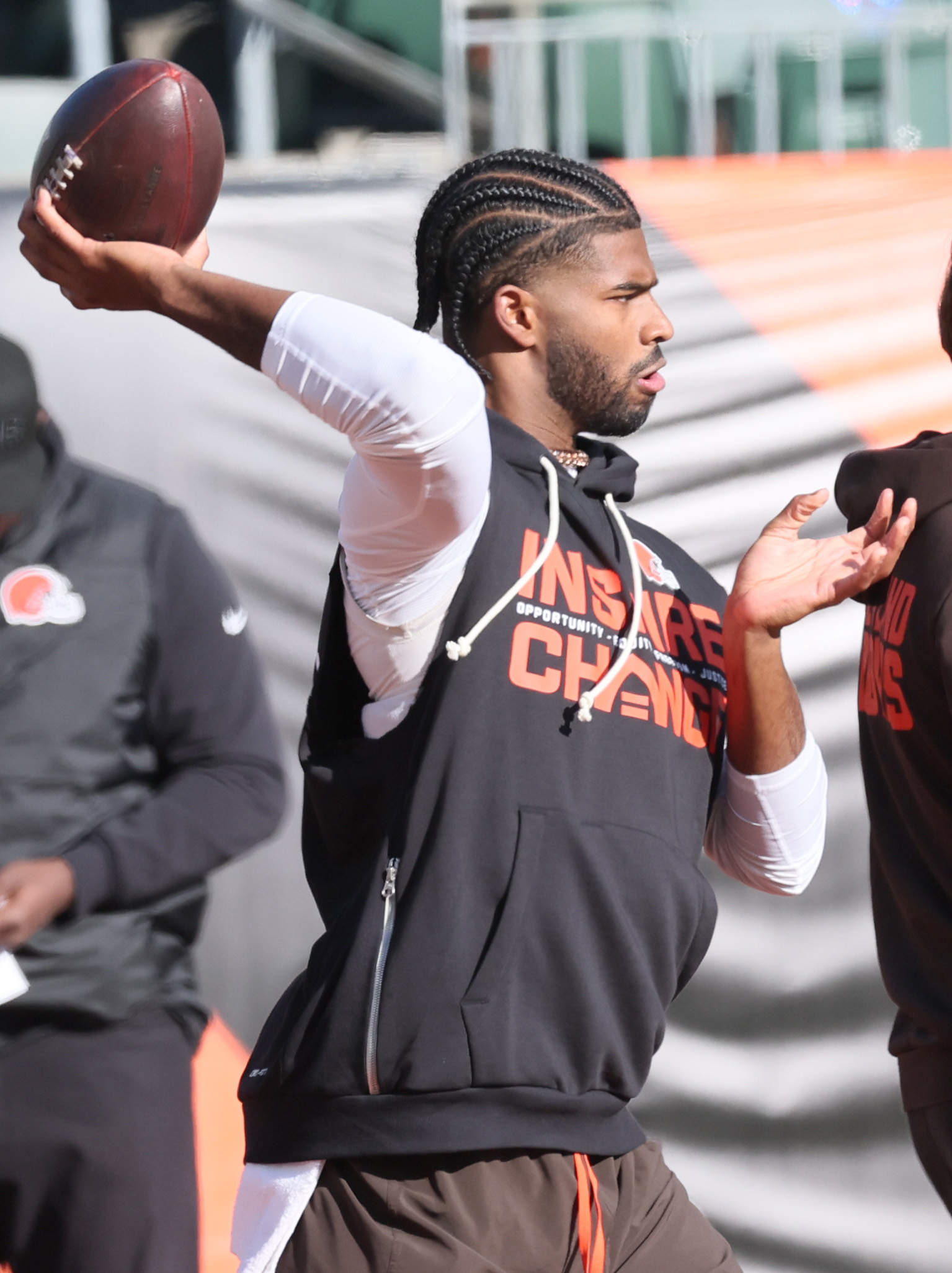 Cleveland Browns quarterback Shedeur Sanders throws a pass in warm ups before their game against the Cincinnati Bengals.  