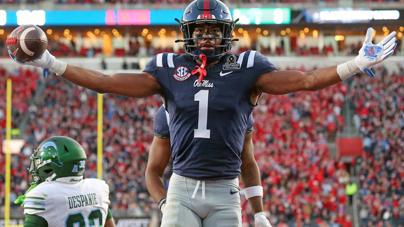 Dec 20, 2025; Oxford, MS, USA; Mississippi Rebels wide receiver De'Zhaun Stribling (1) reacts after a catch for a touchdown during the third quarter against the Tulane Green Wave at Vaught-Hemingway Stadium. Mandatory Credit: Petre Thomas-Imagn Images