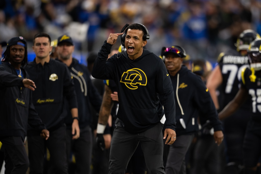Los Angeles Rams pass game coordinator Nate Scheelhaase gestures during an NFL football game against the Seattle Seahawks on Nov. 16.