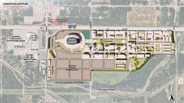 A conceptual site plan was released by the City of Gary that shows where a proposed Chicago Bears stadium might be located adjacent to the Hard Rock Casino Northern Indiana and Interstate 80/94. (Illustration provided by the City of Gary)