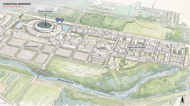 This concept drawing provided by the City of Gary shows how a proposed Chicago Bears stadium and entertainment district would fit on 400 acres next to the Hard Rock Casino Northern Indiana. (Illustration provided by the City of Gary)