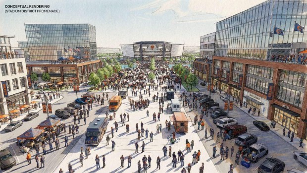 This conceptual drawing released by the City of Gary shows a promenade district adjacent to the proposed Chicago Bears stadium. (Illustration provided by the City of Gary)