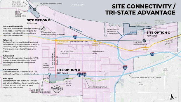 A map released by the City of Gary lists three sites for a potential Chicago Bears stadium: a 400-acre site on the Gary's southwest side, next to Hard Rock Casino Northern Indiana; a 145-acre site at Buffington Harbor; and a 760-acre site in Miller Beach, next to the Indiana Dunes National Lakeshore. (Map provided by the City of Gary)