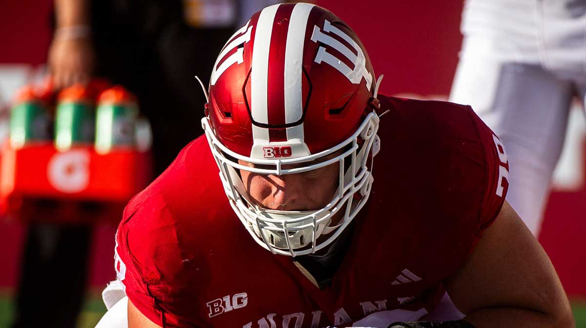 Indiana's Pat Coogan (78) warming up before the Indiana versus Indiana State football game at Memorial Stadium on Friday, Sept. 12, 2025.