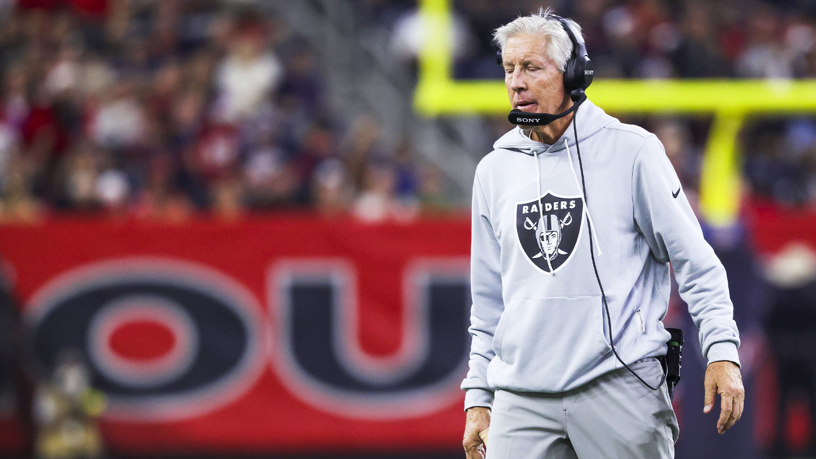 Las Vegas Raiders head coach Pete Carroll stands on the sidelines during the fourth quarter against the Houston Texans at NRG Stadium.