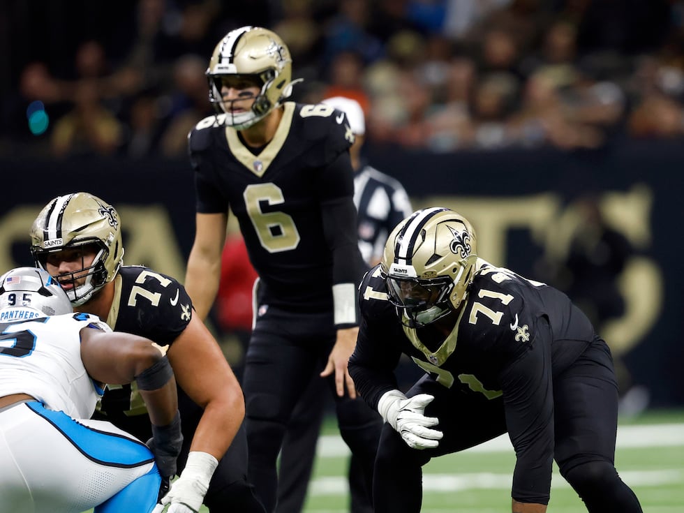 New Orleans Saints offensive tackle Kelvin Banks Jr. (71) lines up during an NFL football game...