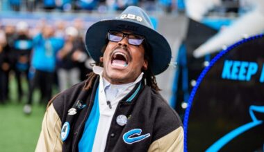 Former Carolina Panthers player Cam Newton beats on a drum before an NFL wild-card playoff football game between the Carolina Panthers and the Los Angeles Rams on Saturday, Jan. 10, 2026, in Charlotte, N.C.