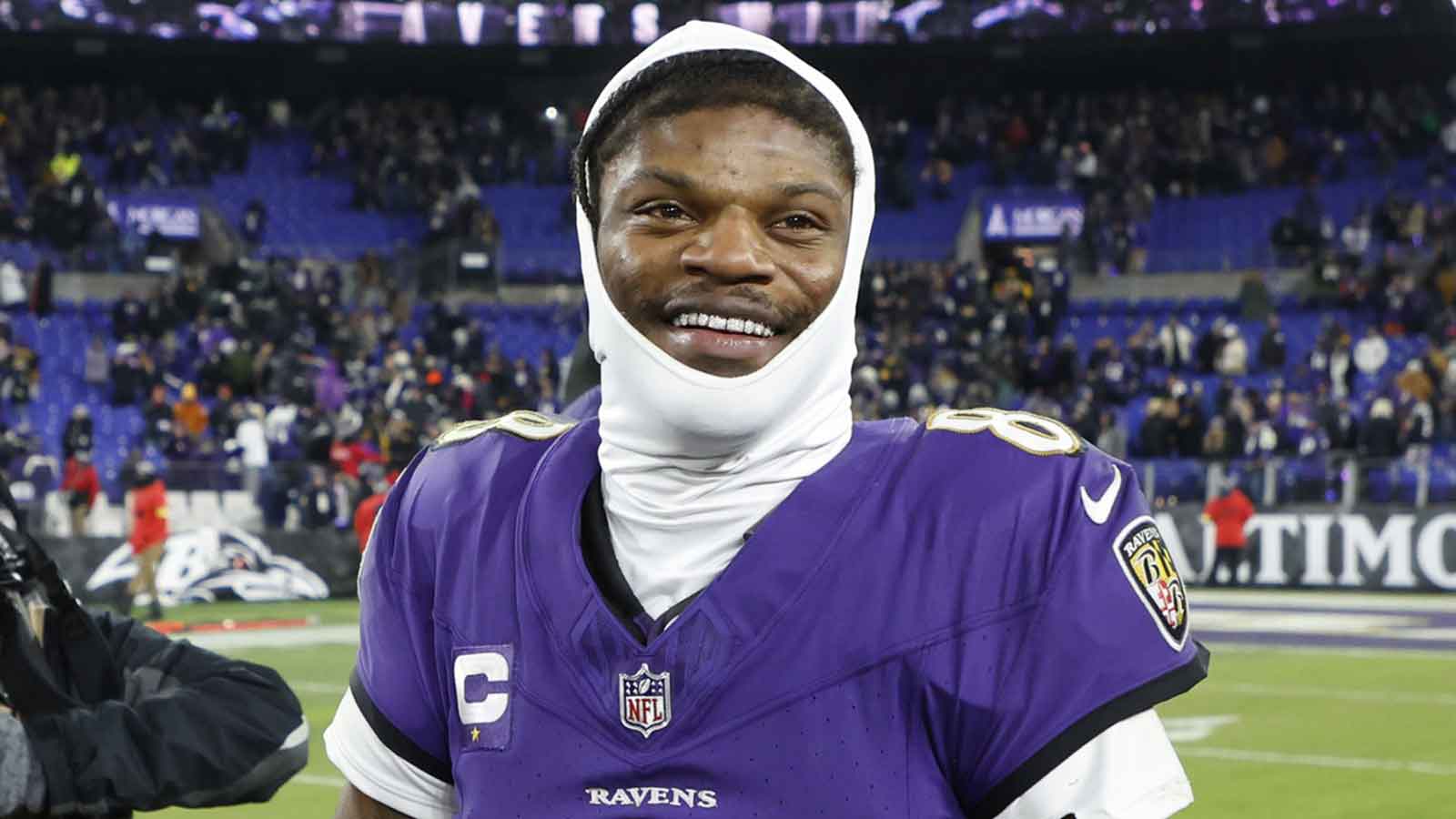 Baltimore Ravens quarterback Lamar Jackson (8) celebrates after defeating the Pittsburgh Steelers in an AFC wild card game at M&T Bank Stadium.