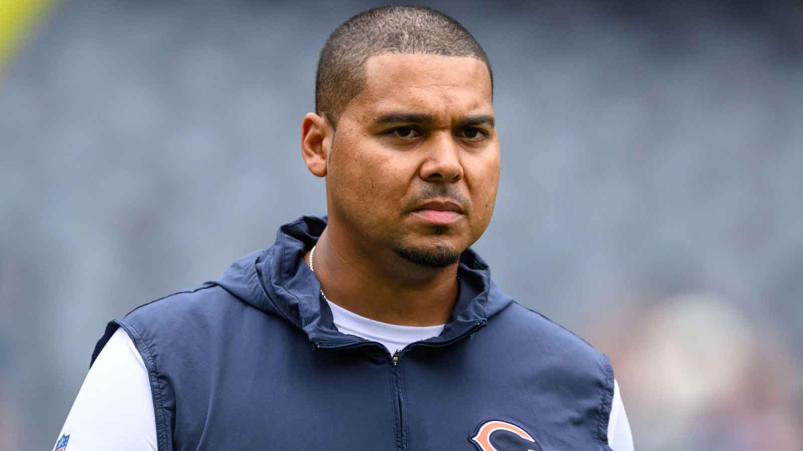 Chicago Bears general manager Ryan Poles looks on before a game against the Buffalo Bills at Soldier Field. 