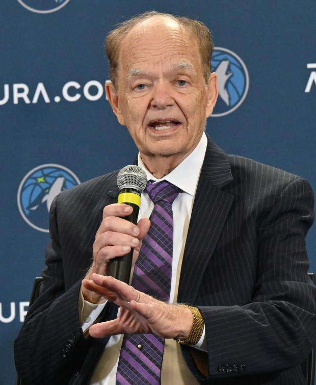 Minnesota Timberwolves owner Glen Taylor answer questions during a news conference to introduce Tim Connelly the team's new President of Basketball Operations at The Courts at Mayo Clinic Square in downtown Minneapolis on Tuesday, May 31, 2022. (John Autey / Pioneer Press)