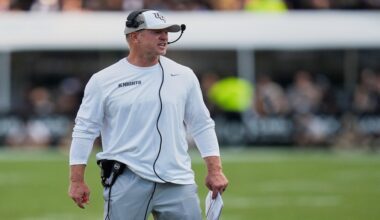Central Florida head coach Scott Frost stands on the field during a timeout in an NCAA college football game against North Carolina, Saturday, Sept. 20, 2025, in Orlando, Fla. (AP Photo/John Raoux)