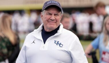 North Carolina head coach Bill Belichick smiles as he walks the sidelines before an NCAA college football game against Stanford, Saturday, Nov. 8, 2025, in Chapel Hill, N.C. (AP Photo/Chris Seward)
