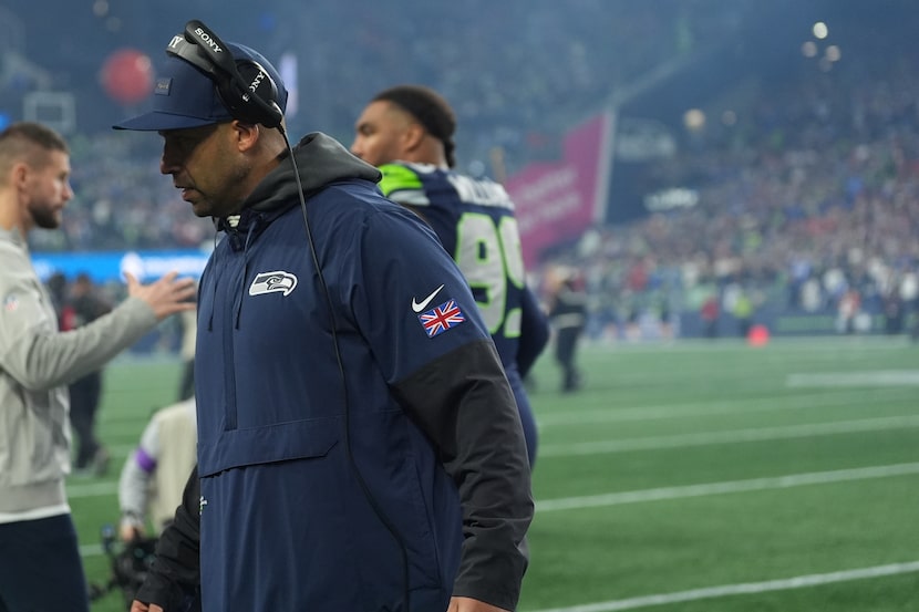 Seattle Seahawks defensive coordinator Aden Durde walks on the sideline before an NFL...