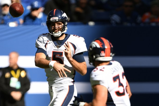 Denver Broncos quarterback Joe Flacco #5 delivers a pass to fullback Andy Janovich #32 as the (2-5) Denver Broncos take on the (4-2) Indianapolis Colts at Lucas Oil Stadium in Indianapolis, Indiana on Oct. 27, 2019. (Photo by Joe Amon/The Denver Post)